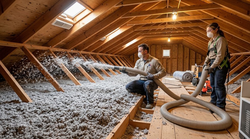 Insulation contractors blowing loose-fill insulation into a residential attic with exposed wood rafters